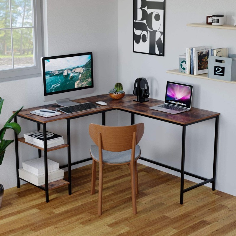 L Shaped Computer Table with Black Metal Base and MDF Top| Home Design