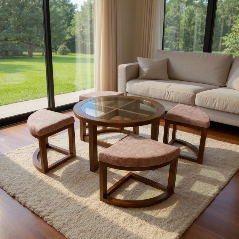 Low Height Wooden Dining Table with Stools (HD-DTBL-028)