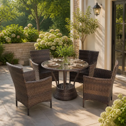 4-Seater Outdoor Rattan Garden Dining Furniture Set with Round Glass Table in Lahore, Pakistan