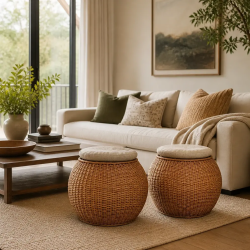 2-Piece Woven Rattan Ottoman Set with Cushioned Tops | Lahore, Pakistan