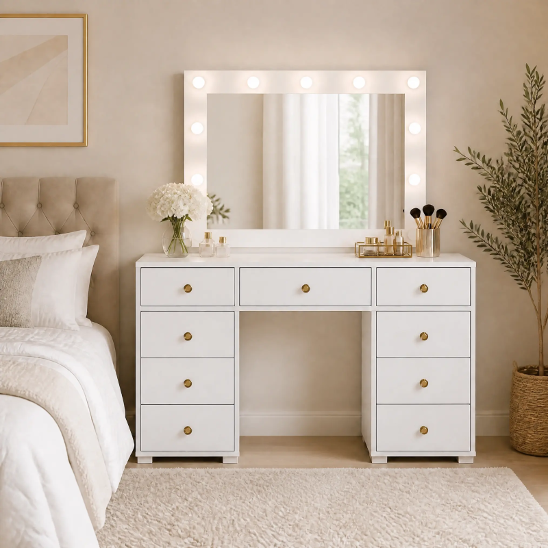 Modern White Dressing Table with Mirror & 9 Drawers | Home Design Lahore Pakistan